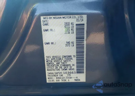 2015 Nissan Altima 2.5 S z USA, uszkodzony, nr VIN 1N4AL3AP5FC103663